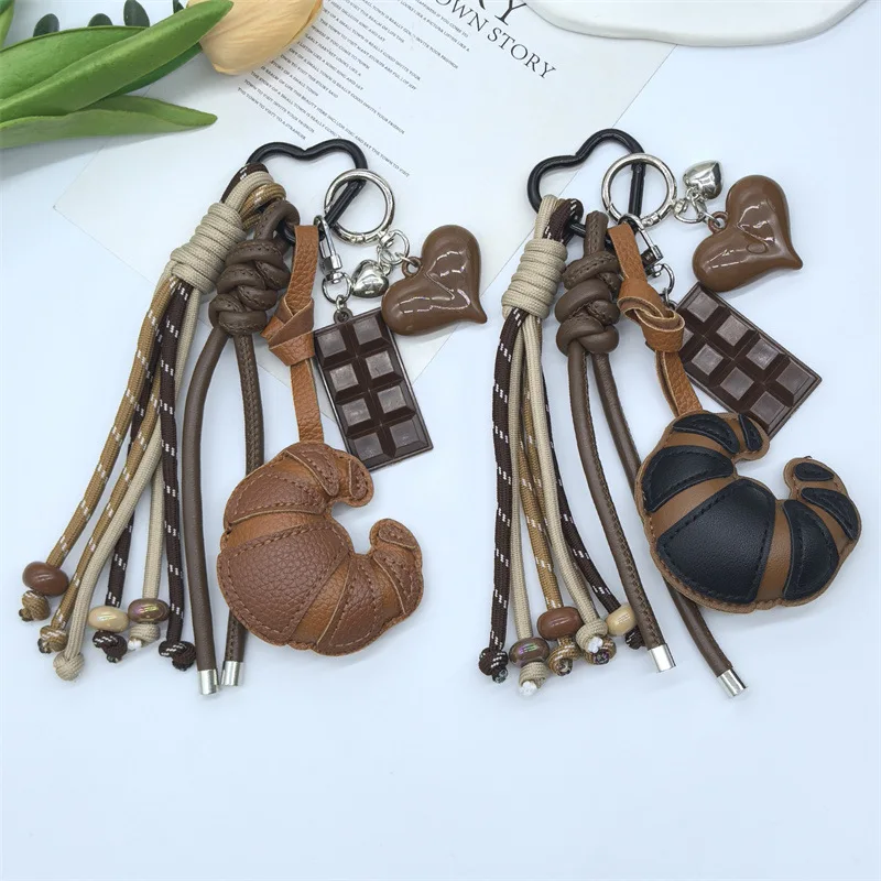 DIY Croissant Luggage Pendants High-quality Leather Keychain Fashion Braided Rope Pendant Versatile Phone Case Bag Pendants