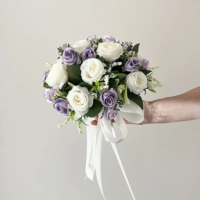 Wedding Bouquet Bride Accessories Bridesmaid Silk Flowers Artificial Roses White Purple Groom Buttonhole Table Centrepiece Decor