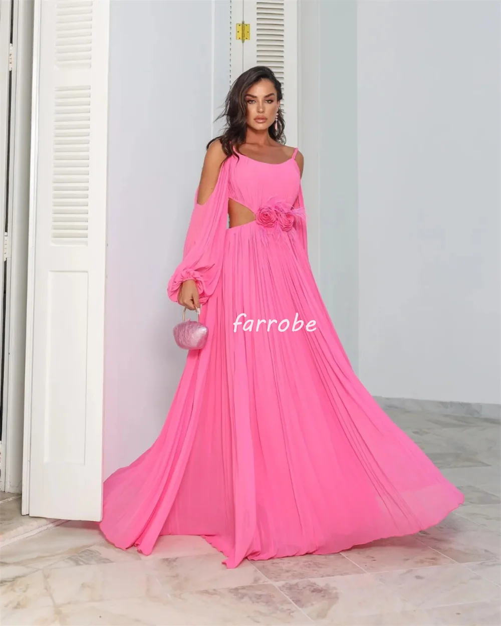 Customized Intricate Exquisite Chiffon Pleat Draped Handmade Flower Feather A-line Off-the-shoulder Long Dresses Bespoke Occasio