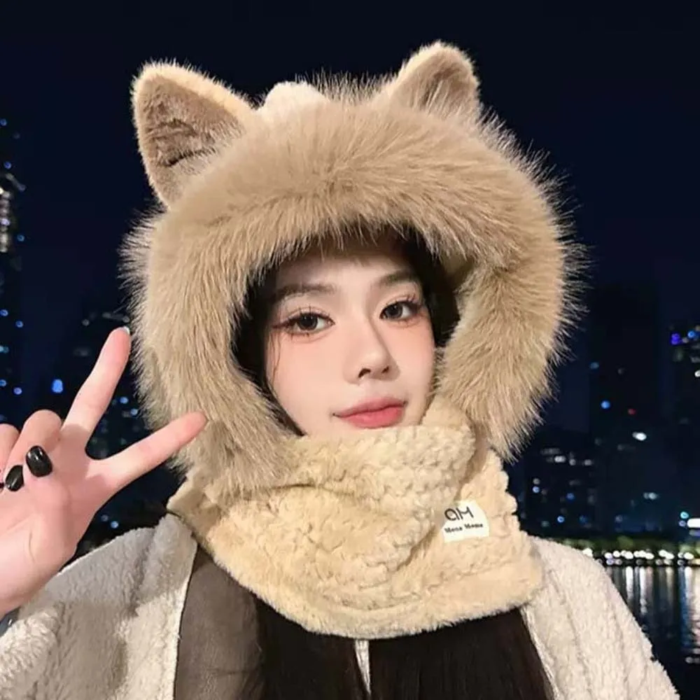 

Skiing Cartoon Winter Hat Anti-cold 2 IN 1 Animal Ear Scarf Hat Windproof Soft Ear Protection Cap Women