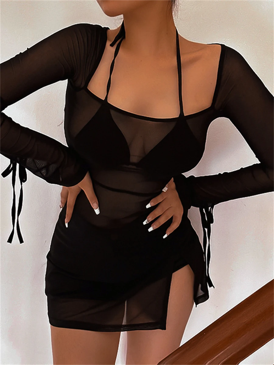 wsevypo See-Through Mesh Sheer Cover Ups Mini Dress Women Sexy Lacing Long Sleeve Square Neck Slit Short Dress Beach Clubwear