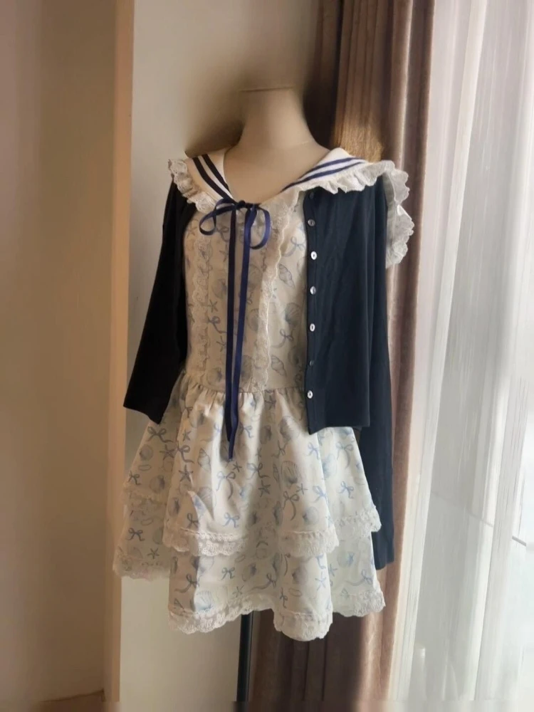 

Japanese Kawaii Lolita 2 Piece Dress Sets Y2k Elegant Slim Long Sleeve Coat + Print Sweet 2000s Short Party Dress Vintage Suits