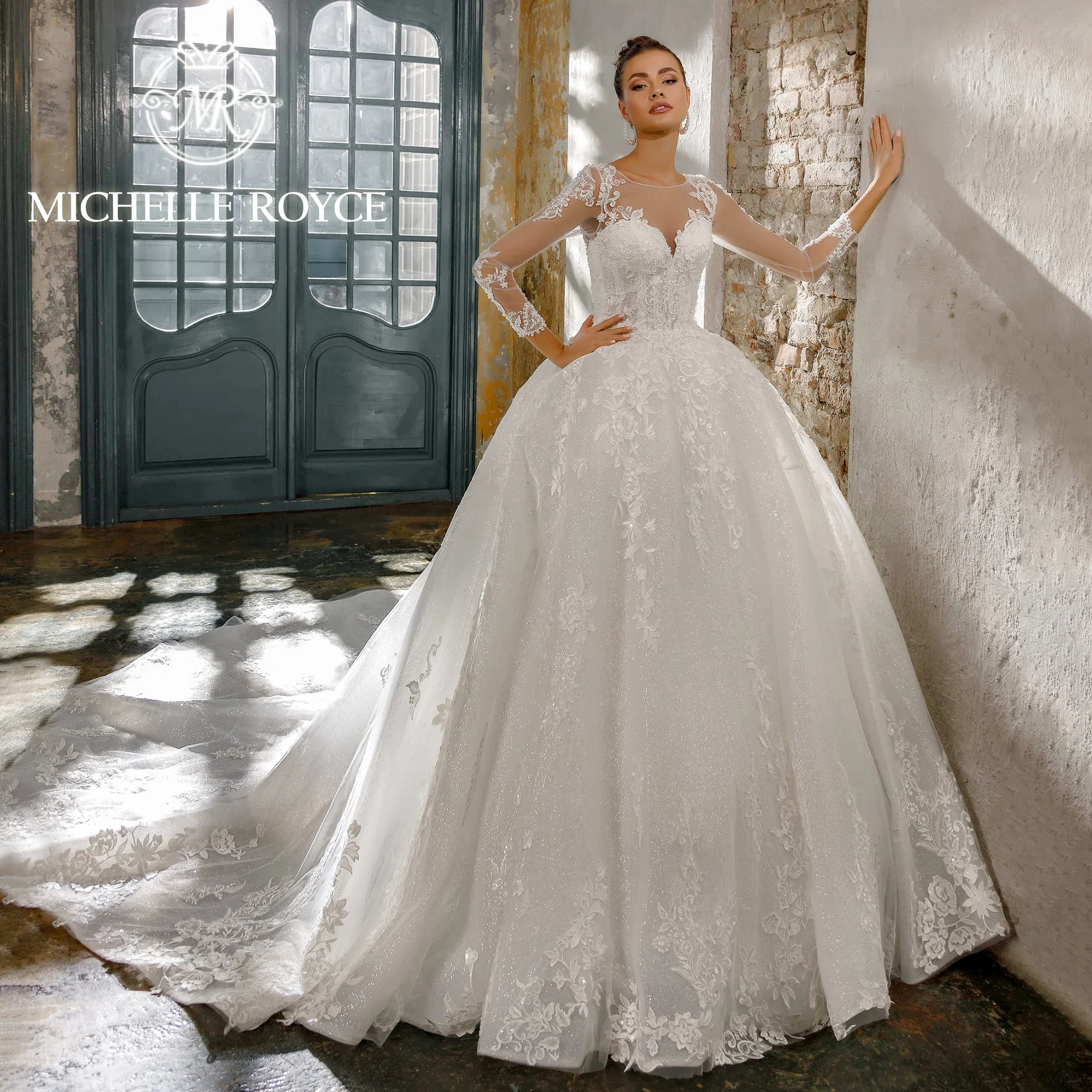 

Michelle Royce Luxury Ball Gown Wedding Dress 2024 Sweetheart Long Sleeve Appliques Sequined Lace Wedding Gown Vestidos De Novia