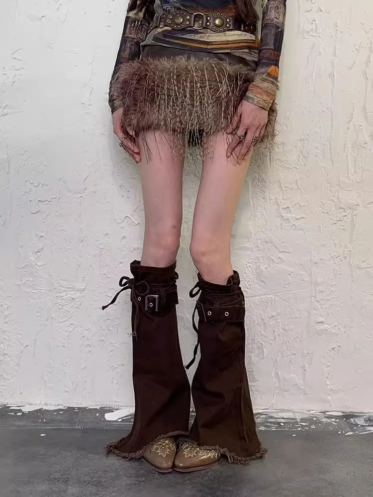 REDDACHiC Grayu Y2k Women Denim Leg Warmers Bandage Plain Brown Flare Knee Long Socks Belt Raw Hem Boots Cover Vintage Clothes