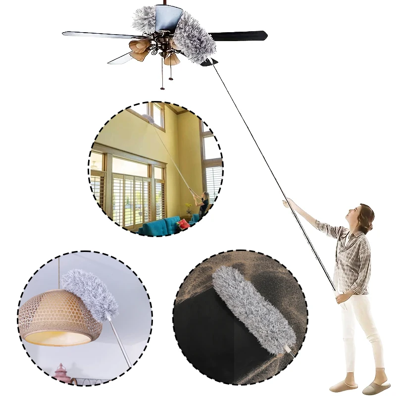 250 Cm Extended Chicken Feather Duster Extendable and Curved Ceiling Cleaning Broom Household Electrostatic Dust Collector Tools