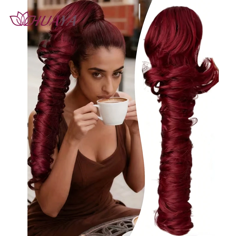 Burgundy Long Spiral Curly Claw Clip Ponytail Extension Synthetic Fake Pony Tail Hairpiece for Women Cosplay Party