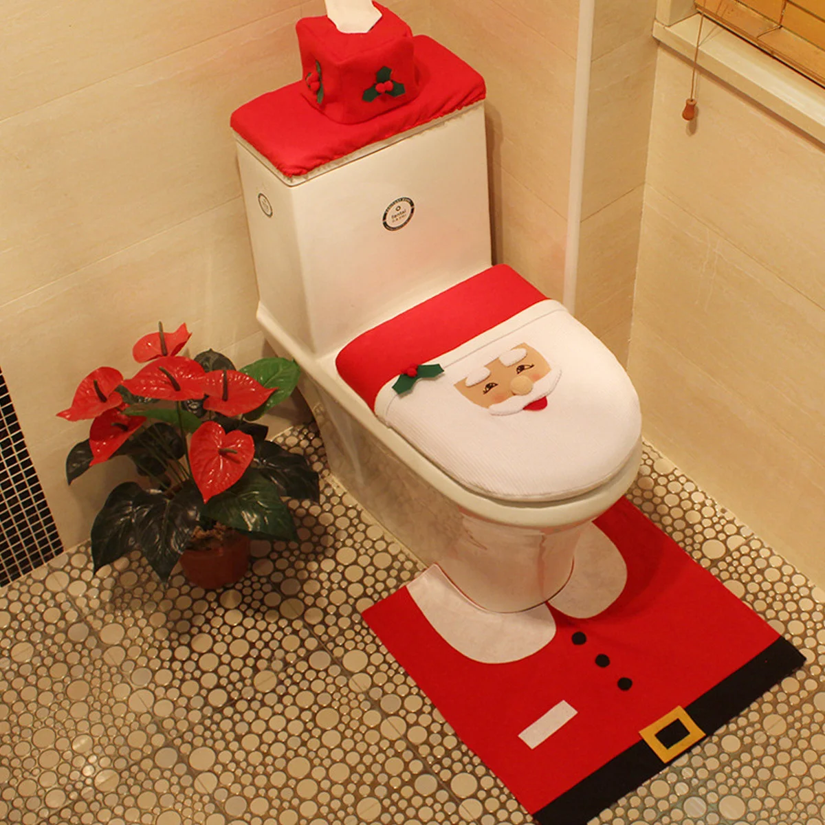

1Set Finely Constructed Santa Claus Toilet Cover Set Christmas Decoration Flannel Material Easy Install Disassemble