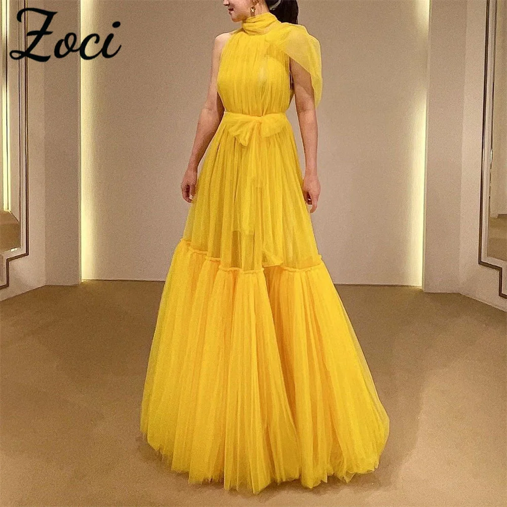 

Zoci Light Yellow Elegant Halter Korea A Line Wedding Dresses Soft Pleat Tulle Customized Korea Photo Shoot Bridal Party Gowns