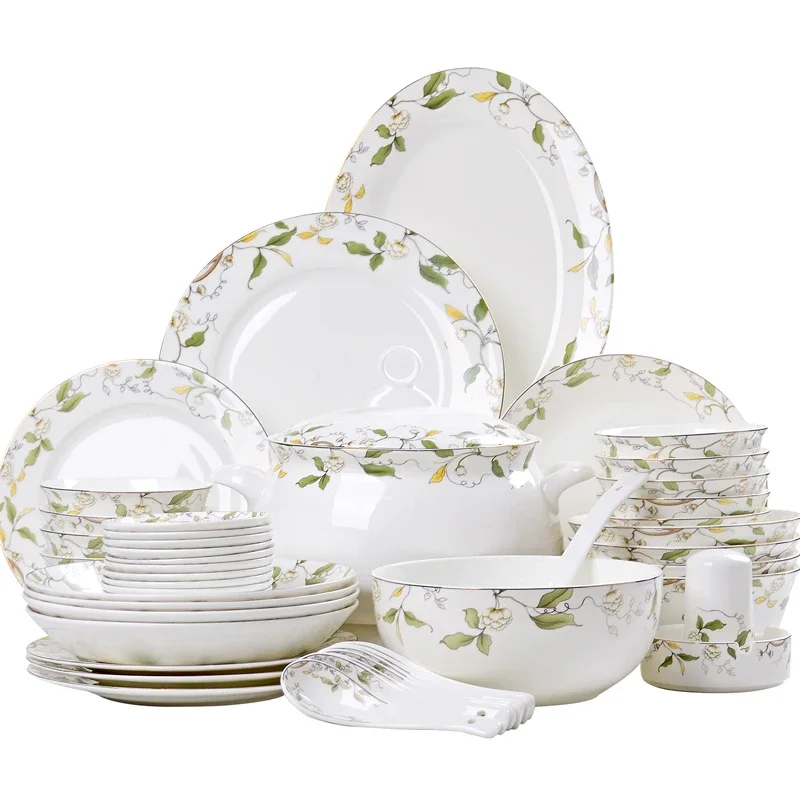 Tangshan Bone Porcelain Bowls and Dishes with Pottery Bowls and Plates with Soup Bowls and Noodles