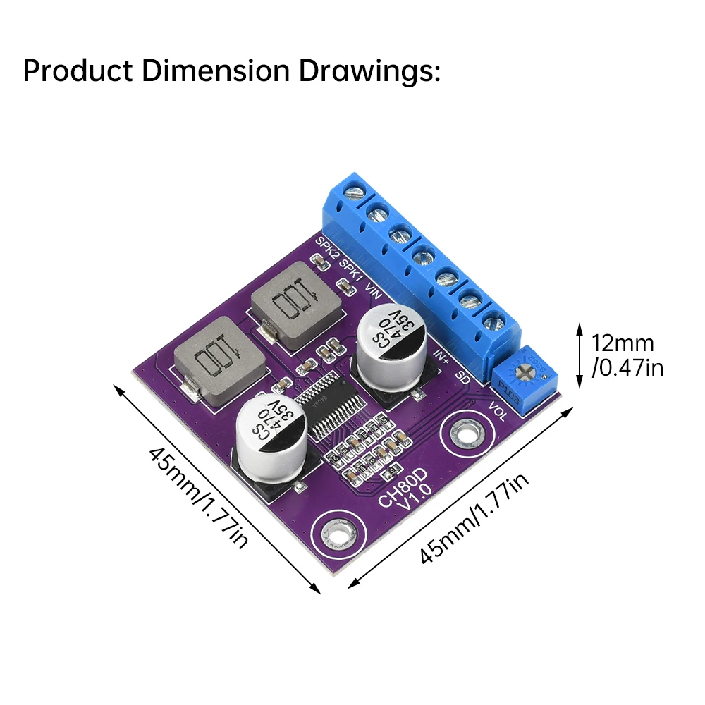 DC 5-26V CH80D 80W Stereo Serial Class-D Audio Amplifier Single Channel Voice Audio Amplifier Module 95% Efficiency