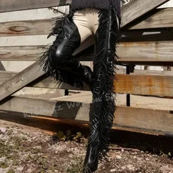 Fringe Belted Thigh High Boot Over The Knee Pointed Toe Thin Heel Side Zipper Solid Color Suede Fashion Novelty Concise Sexy New