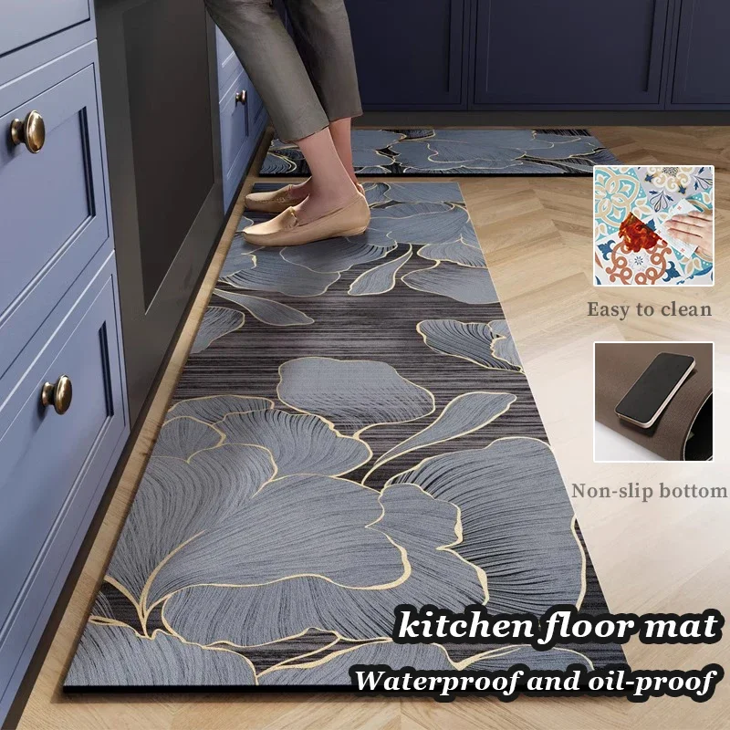 

Kitchen Floor Mat Retro Floral New Chinese Oil-proof Washable Waterproof PVC Foot Rugs Dirt-resistant Balcony Carpets Alfombra