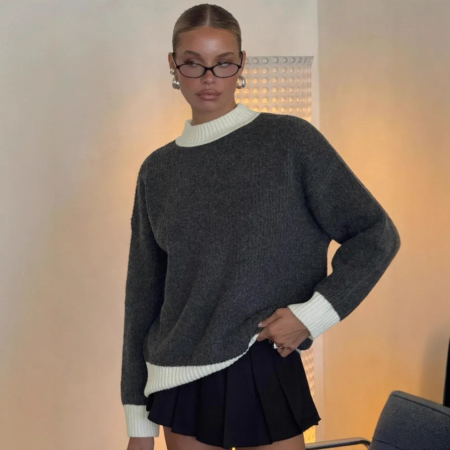 

Женский утолщенный свободный вязаный свитер с круглым вырезом в стиле пэчворк, шерстяной топ с цветными блоками на осень-зиму, Новое поступление, простой стиль