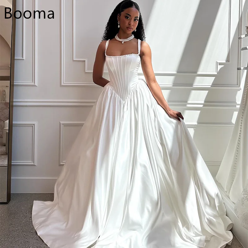 

Booma A-Line Simple Long Wedding Dresses Spaghetti Strap Sleeveless Pearls Satin Elegant Brides Gown Custom Made 2025