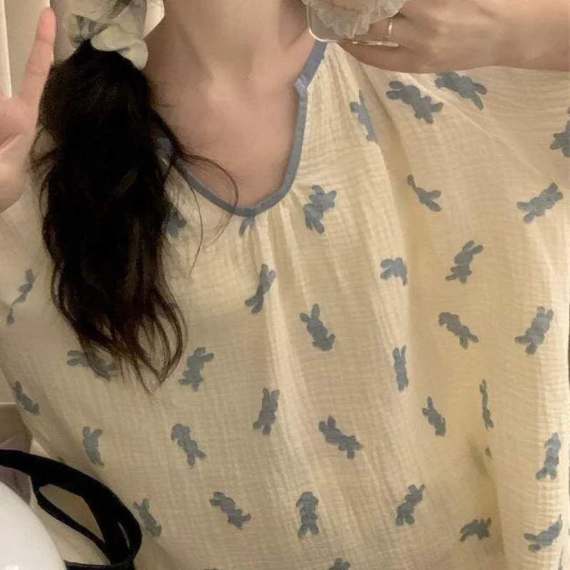 

Cotton Fabric Summer Pajamas for Women Korean Style Princess Style Loose Soft Short-Sleeved Girl Student Sleepwear Homewear