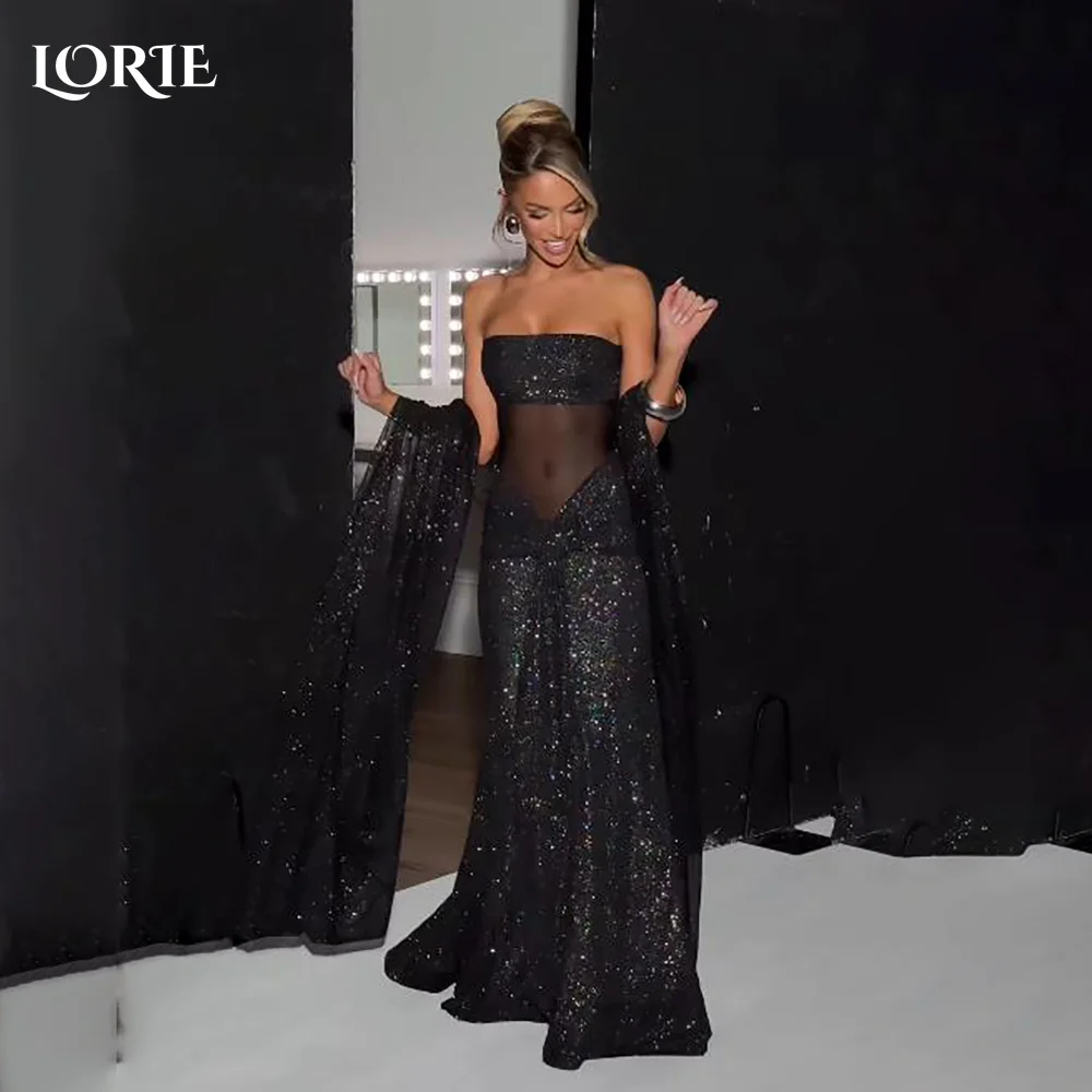 فستان سهرة بحورية البحر من الكريب اللامع من LORIE مثير من الدانتيل سباركلي الوهم بأكمام طويلة للحفلات الراقصة بطول الأرض حسب الطلب