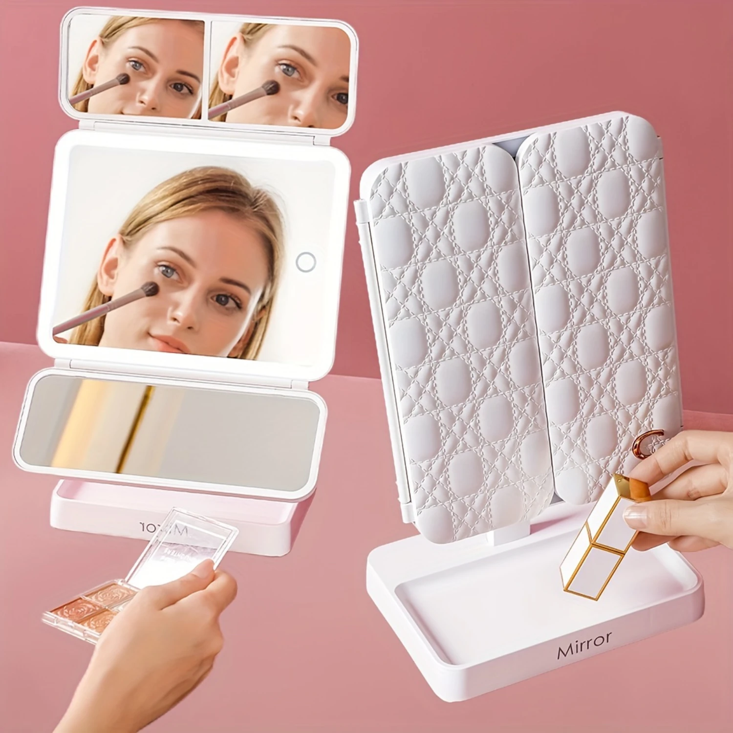 Lighted, Rotatable, Foldable Vanity Makeup Mirror with USB Rechargeable Feature, 3 Colors Light, Screen Dimming - Ideal for Desk