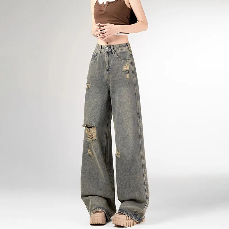 

Korea Retro Ripped Straight Leg Jeans Autumn Casual Loose High Waisted Wide Leg Pants Women'S Jeans Long Pants Y2k Jeans