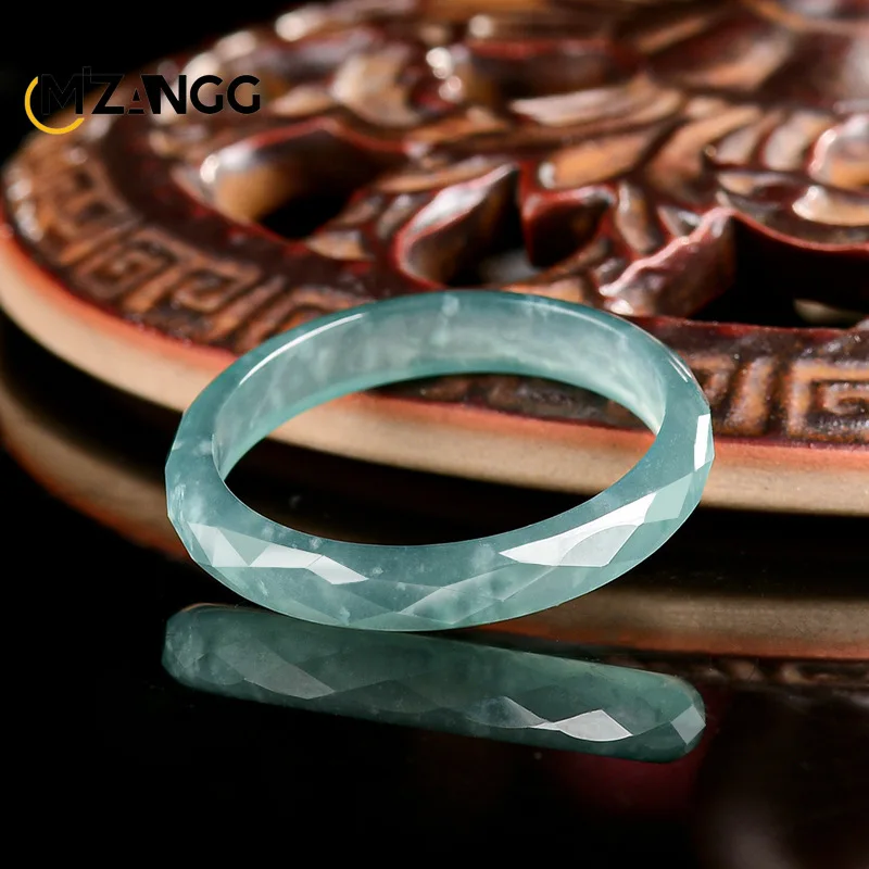 Natural A-goods Jadeite Blue Water Diamond Face Ring Hand-carved Fashion Simple Jade Ring Men and Women Holiday Gift