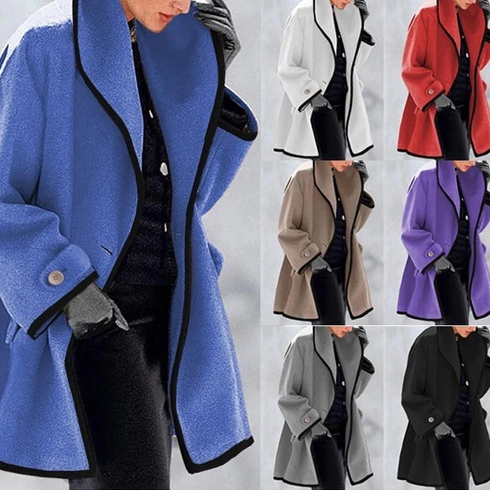 Women's Autumn Winter Woolen Coat Hooded Color Block Woolen Coat Long Sleeve Cardigan Trench jacket