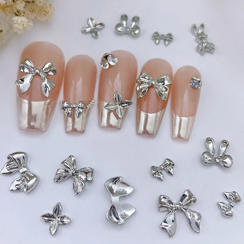 10 Stuks 3d Zilver Goud Vlinder Sieraden Nail Art Studs Mode Vrouwen Nagel Charmes Strik Hart Nagel Steentjes Manicure Versieren