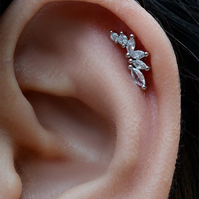 1PC Dainty Cubic Zirconia Flat Back Cartilage Earrings Helix Tragus Standard Lobe Flat Multiple Piercing Earring Women's Jewelry