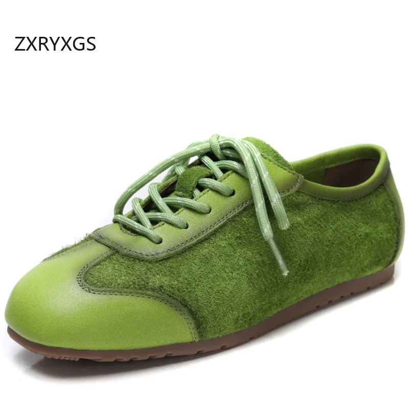 

ZXRYXGS Hot Selling 2026 New Trendy Lace-up Splicing Premium Full Genuine Leather Shoes Fashion Casual Sneakers Women Flat Shoes