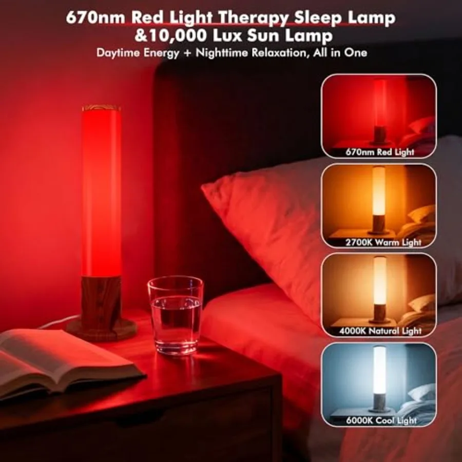 670nm Red Light Therapy Sleep and 10, 000 Lux Sun Lamp, Dual Function Sleep Light and Sunlight Lamp with Timer Remote, Red Nigh
