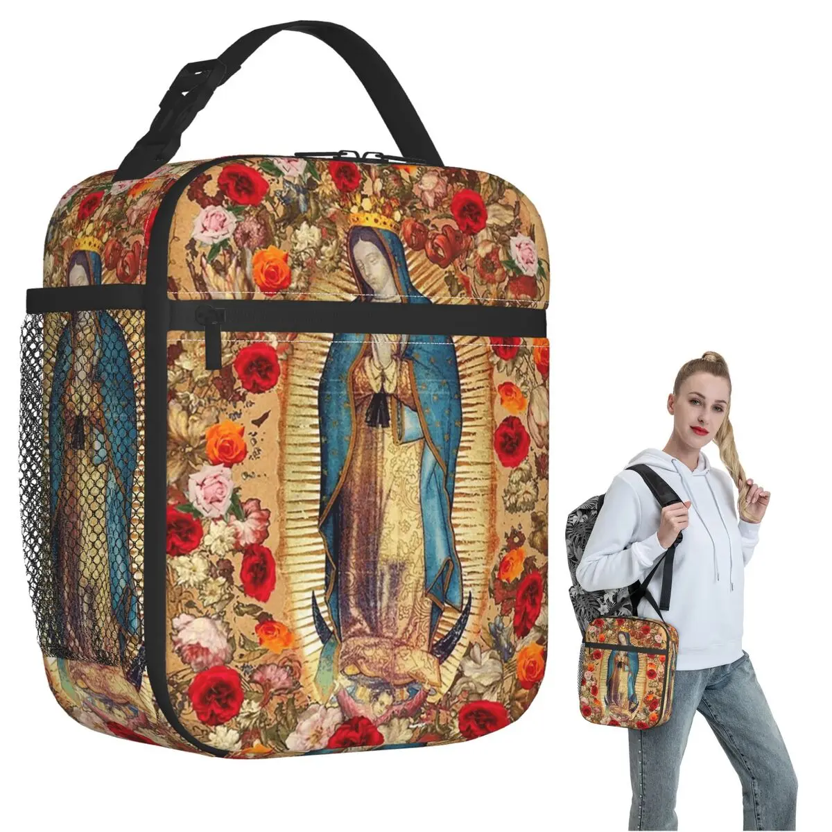 Our Lady Of Guadalupe Virgin Mary Catholic Mexic Insulated Lunch Bag Women Children Portable Food Boxes Thermal Lunch Box Tote