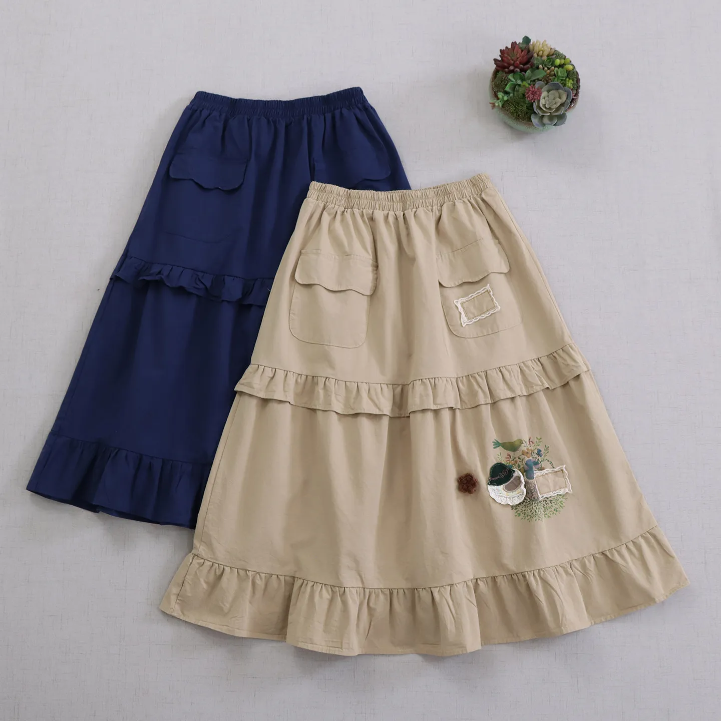 Japanese Sweet Mori Girl Cartoon Embroidery Cotton Fairy Skirts Women Autumn Elastic Waist Casual Loose Ruffled A-Line Skirts