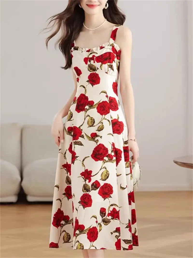 2025 New Women's Red Rose Floral French Strap Long Maxi Dress Summer Seaside Vacation Beach Boho Sundress G482