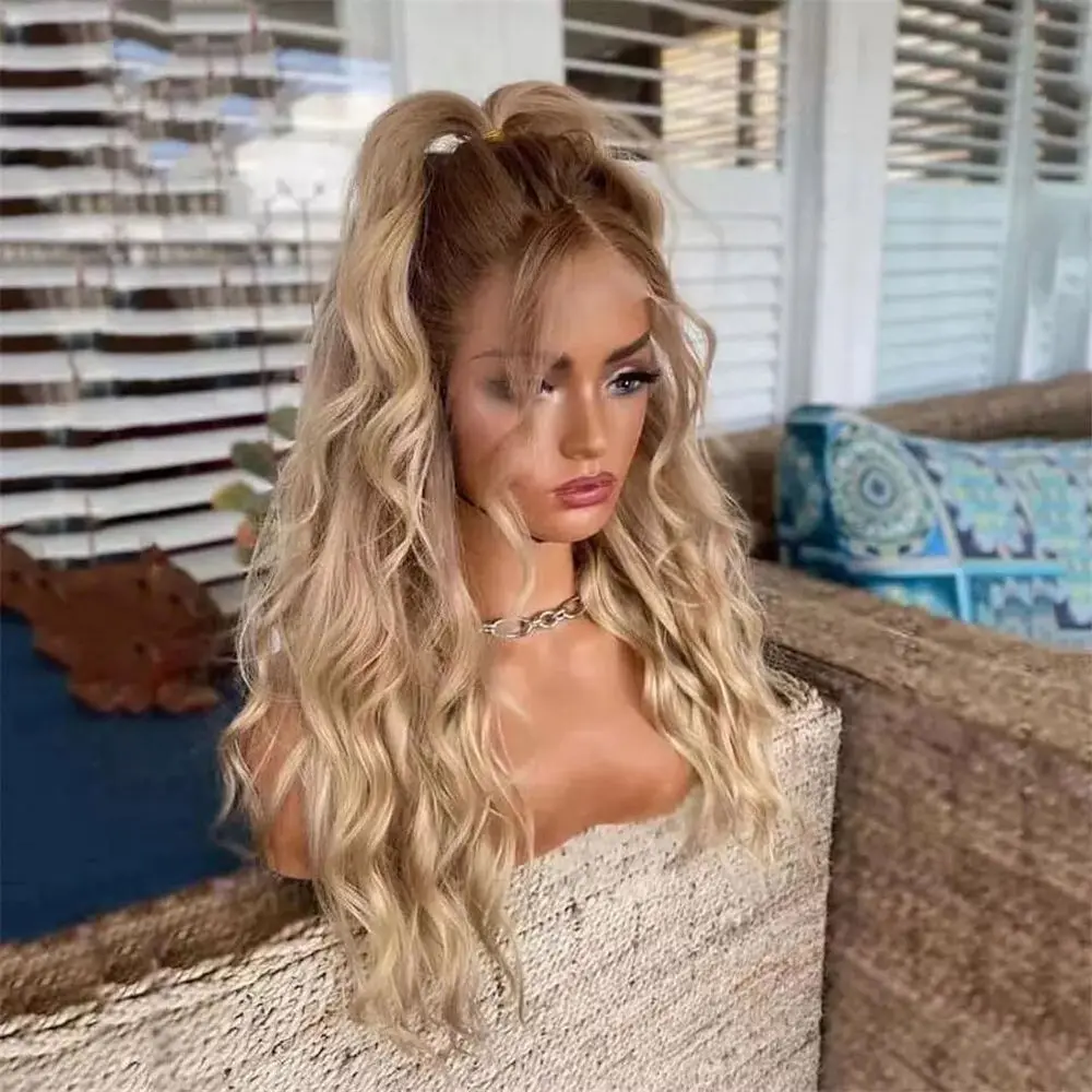 Peruca sintética com aparência realista, loiro mel, renda frontal, elástica, ombre, onda profunda, pré-selecionado, linha fina natural, fibra premium