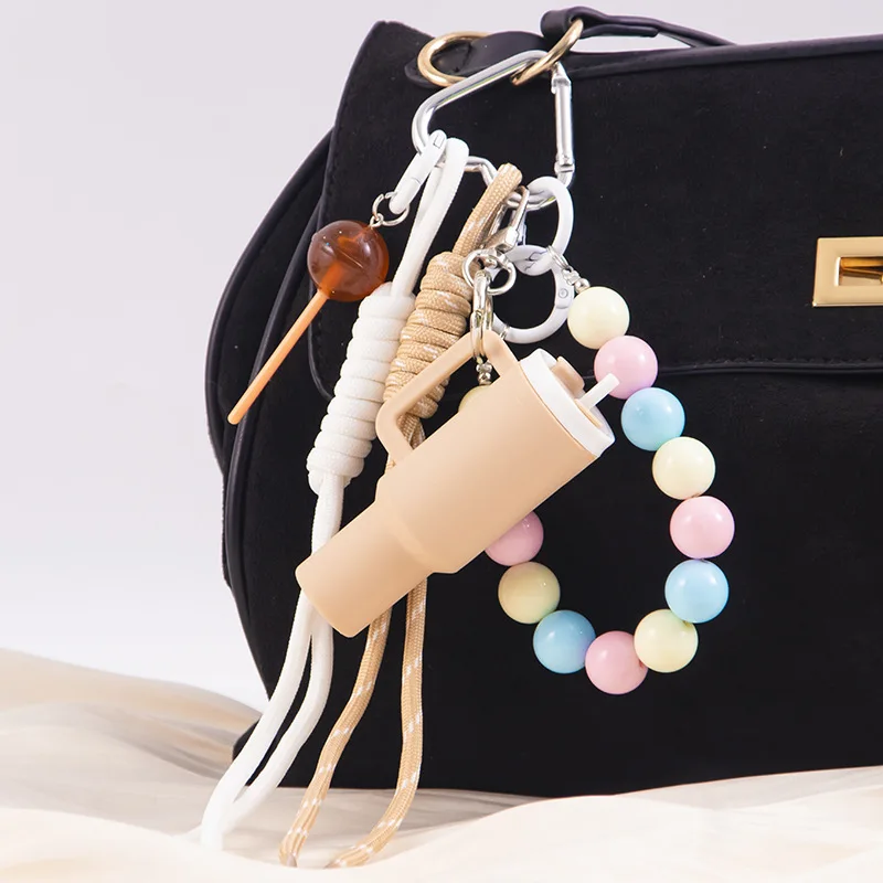2026 Fashion Acrylic Beaded Bag Hanging Cute Water Cup Lipstick Shape Keychain Lollipop Pendant Versatile Luggage Accessories