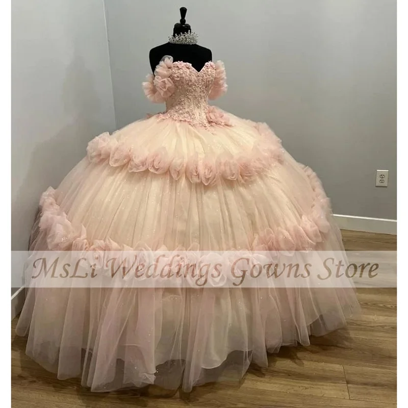 Cenerentola Pink Quinceanera abiti Appliques Beads 16 Birthday Party Prom Dress Vestidos De 15 quinceaeceras Princess Ball Gowns