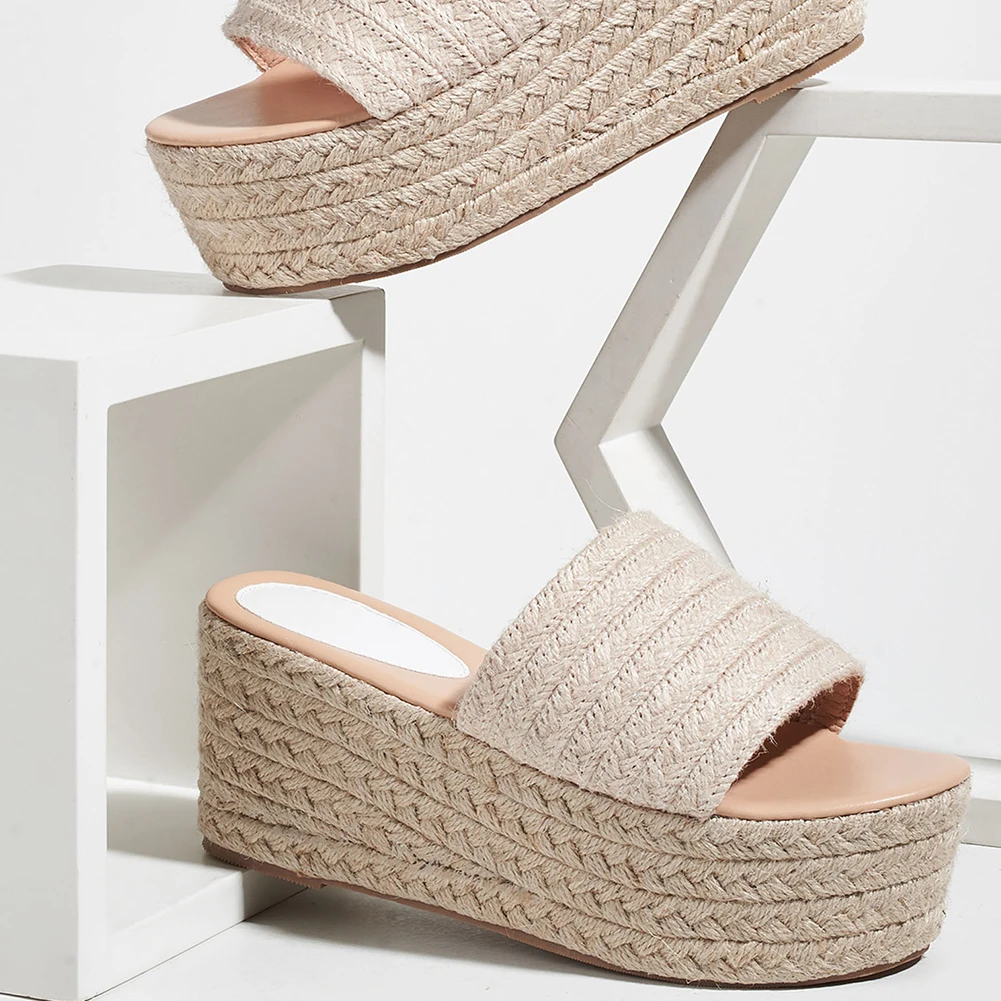 GIGIFOX-Platform Wedge Sandals for Women, Espadrille Slide Sandals, Slip On High Heel, Espadrille Flatform Mules