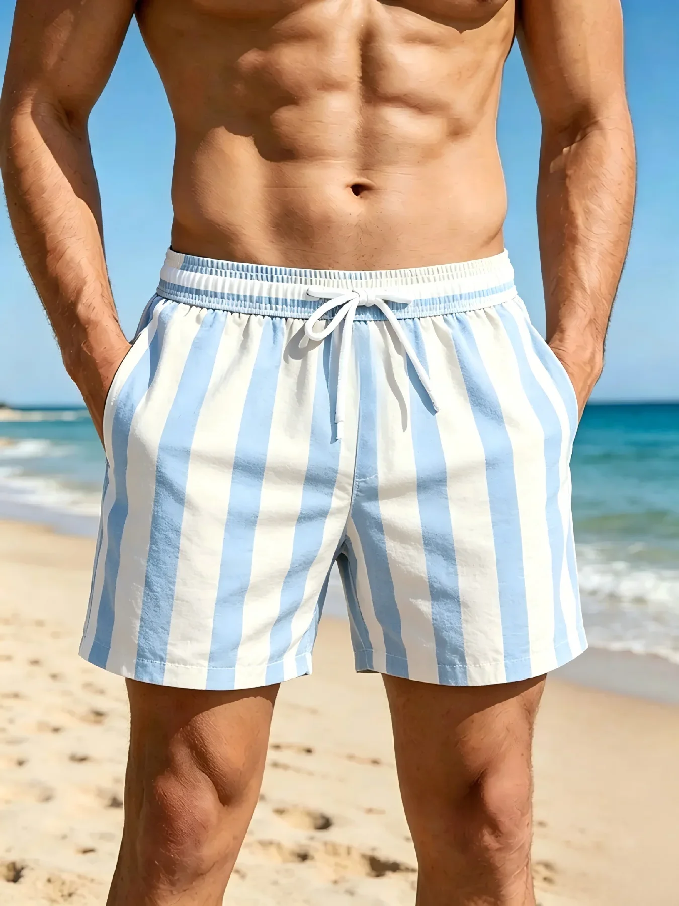Sky Blue White Wide Vertical Striped Quick Dry Swim Trunks Drawstring Elastic Waist Beach Surf Bathing Shorts With Side Pockets