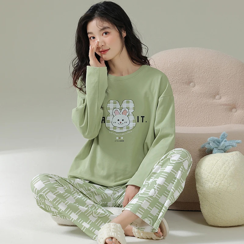 spring autumn new cotton Pajama Sets long Sleeve Cartoon rabbit print Sleepwear Elegant Women's Pajamas Lounge Home Pijama Mujer