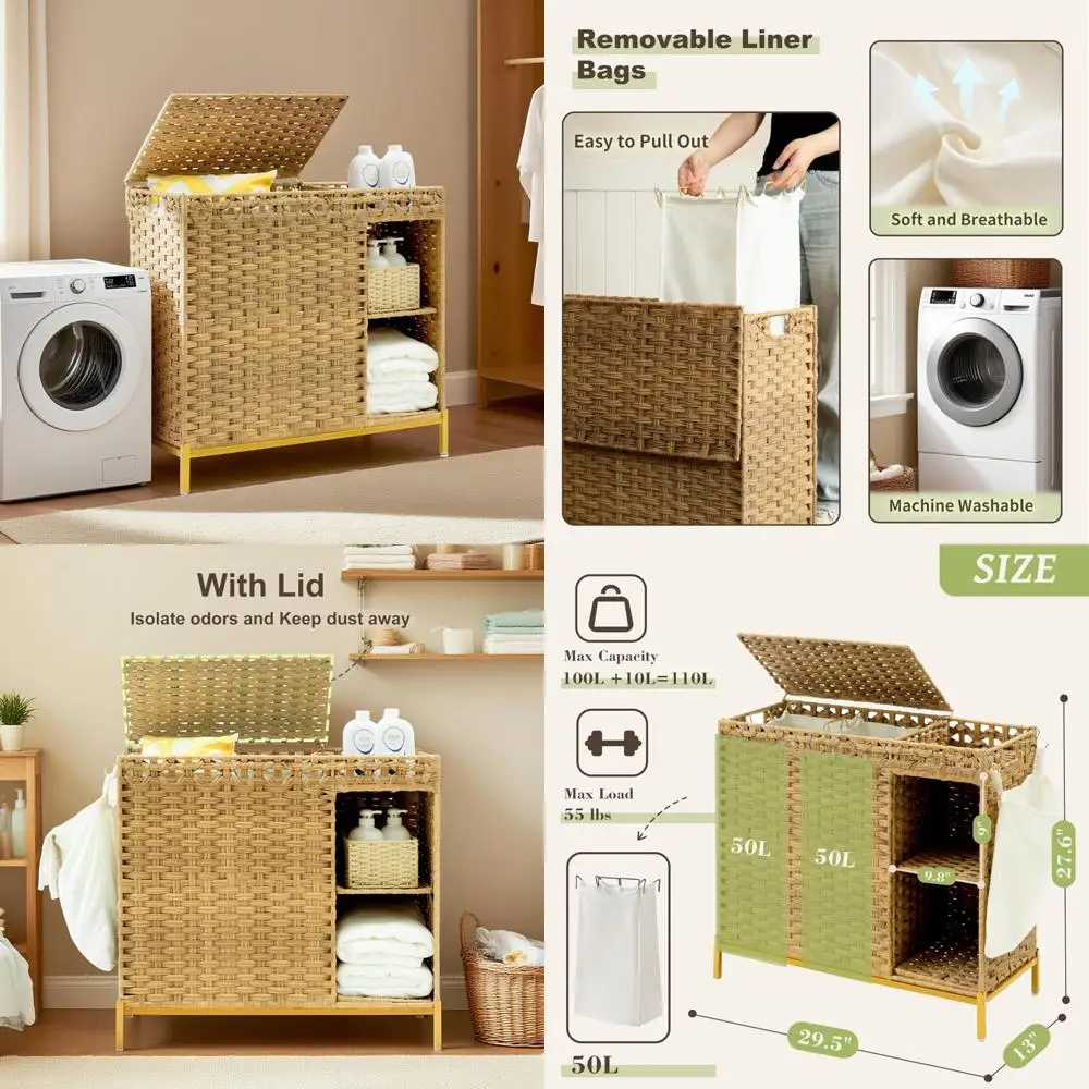 

110-Liter Dual-Section Rattan Hamper with 3-Tier Wicker Storage Shelf