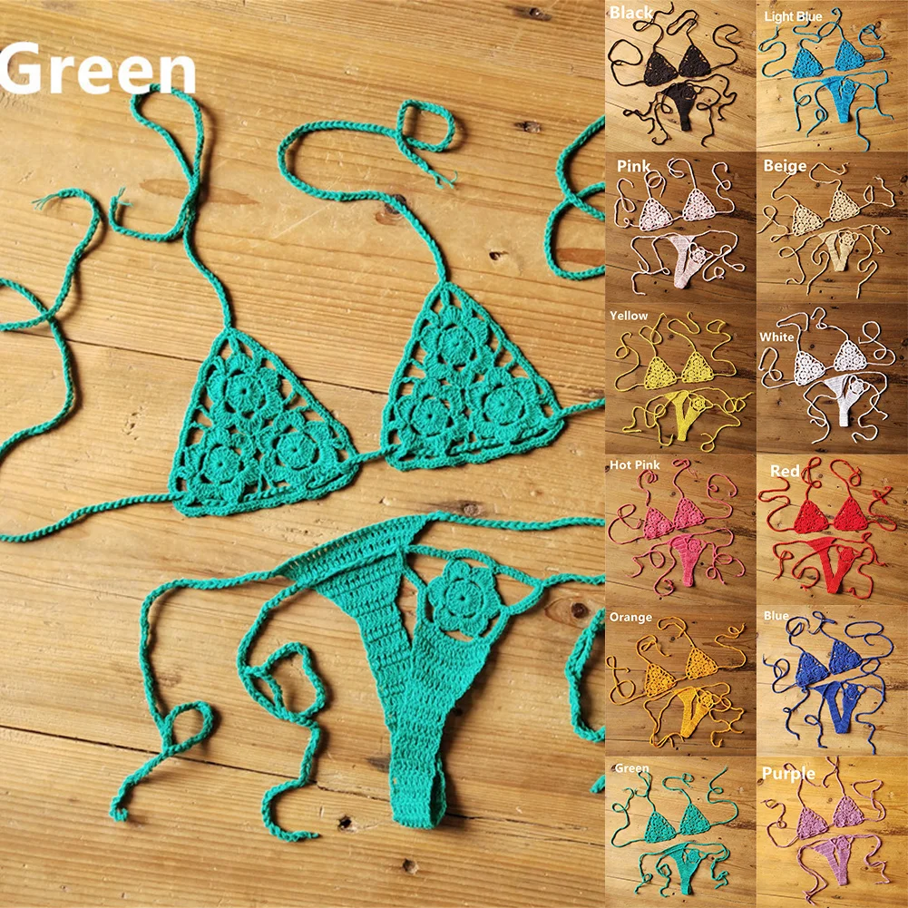 Crochet Bikini Set G-String Lace Up Panties Thong Beach Swimwear Sexy Lingerie Swimsuit Bra Set Underwear