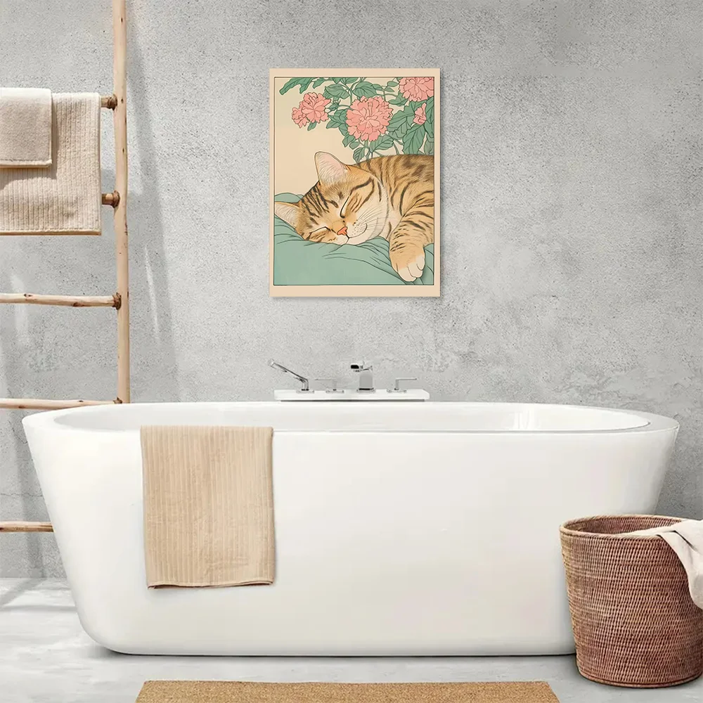 النمط الياباني القط الاستحمام التوضيح قماش الطباعة - القطط لطيف مع الزهور في أحواض الاستحمام - ديكور فني جدار الحمام الجمالي
