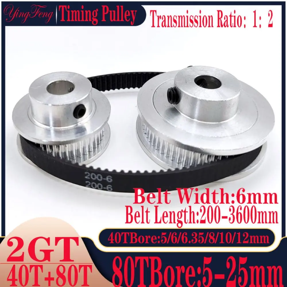 

GT2/2MGT/2GT Timing Synchronous Pulley Hole 5-25mm 40Teeth+80 Teeth BandWidth 6mm Tensioning Pulley Synchronous Pulley kit 1:2