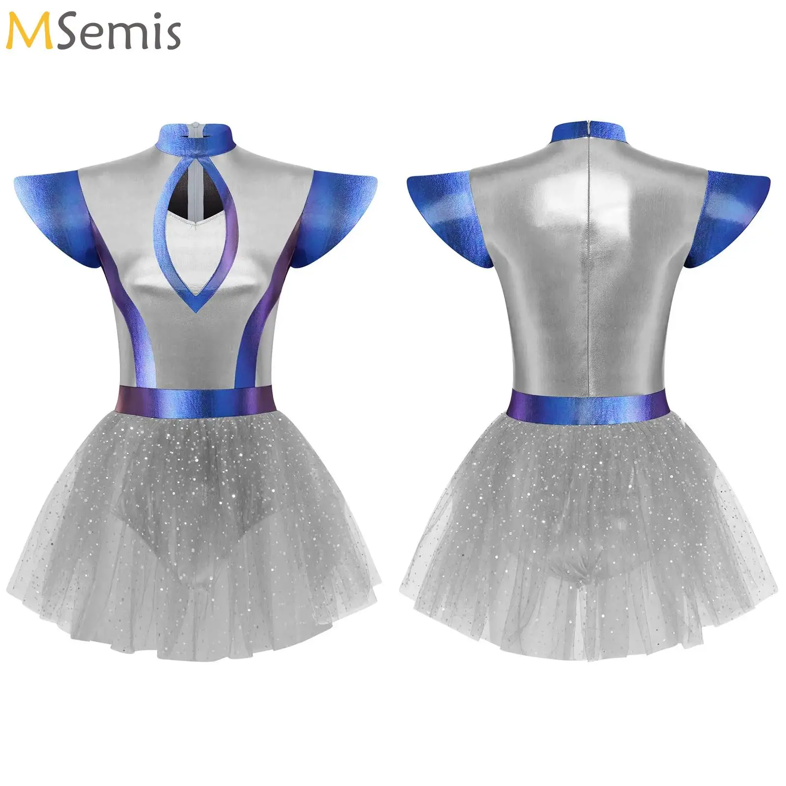 

Womens Alien Astronaut Cosplay Dress Fly Sleeve Front Hollow Out Metallic Shiny Tulle Hem Dress for Halloween Space Themed Party