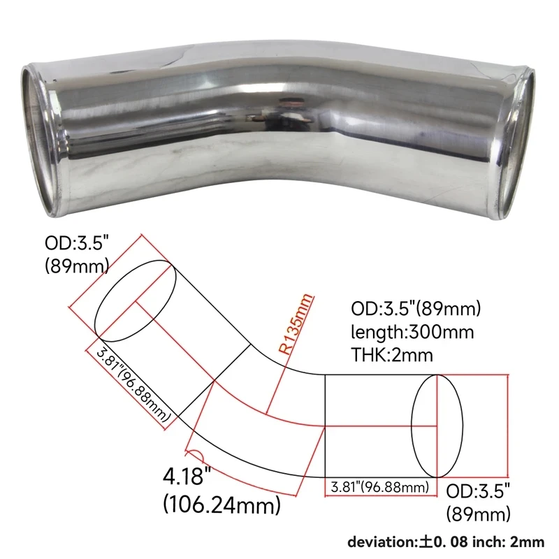 Aluminum Intercooler Intake Pipe L=300mm Different Inlet/Outlet size Universal 45 Degree 89-127mm/ 3.5-5.0