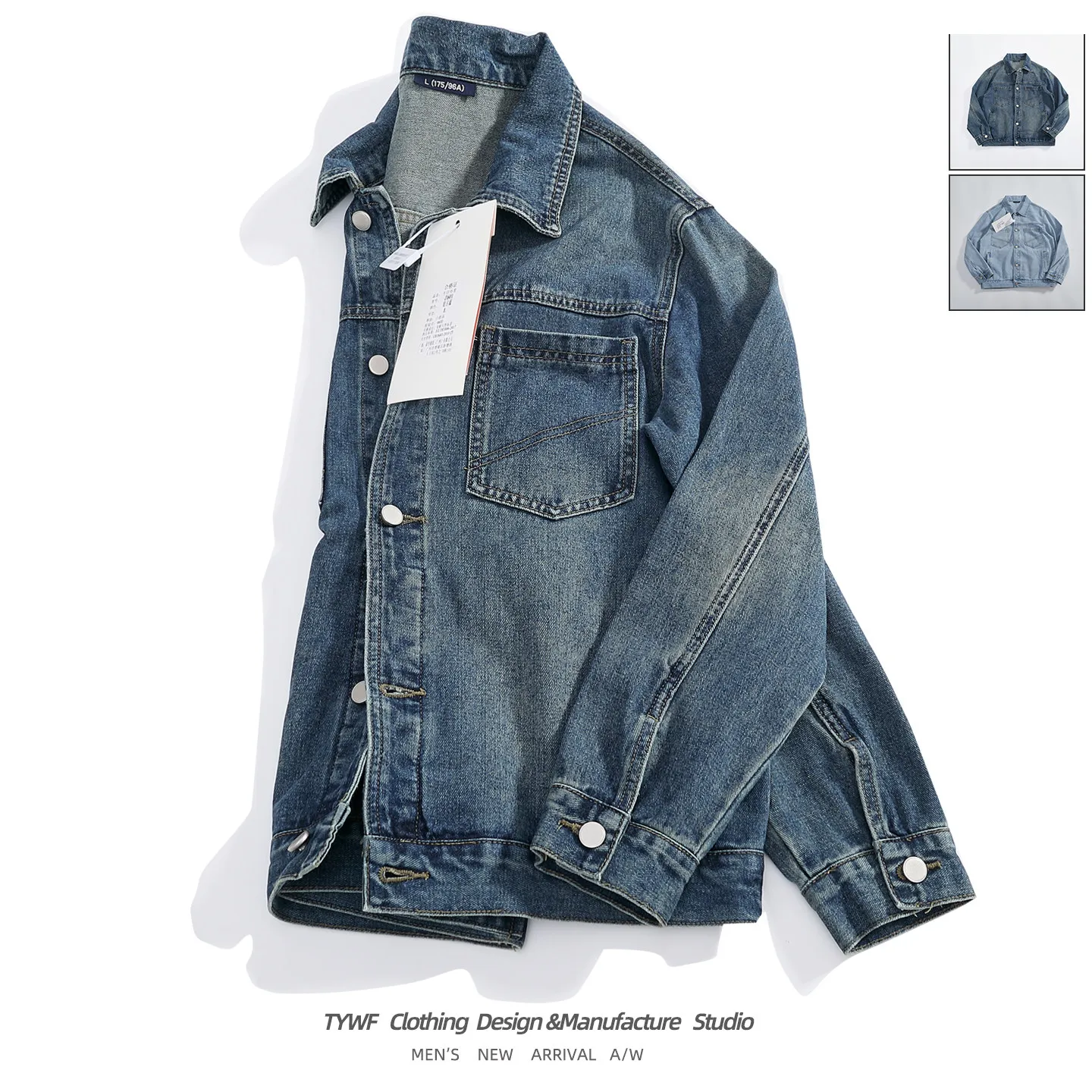 Classic Workwear Style Denim Jacket for Men American Vintage Distressed Washed Collared with Pockets Layering Trendy Top 5XL 4XL