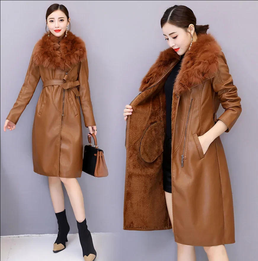 Manteau épais en cuir avec poches, manteau de Style Long avec ceinture, ample, à la mode, nouvelle collection automne et hiver 2025