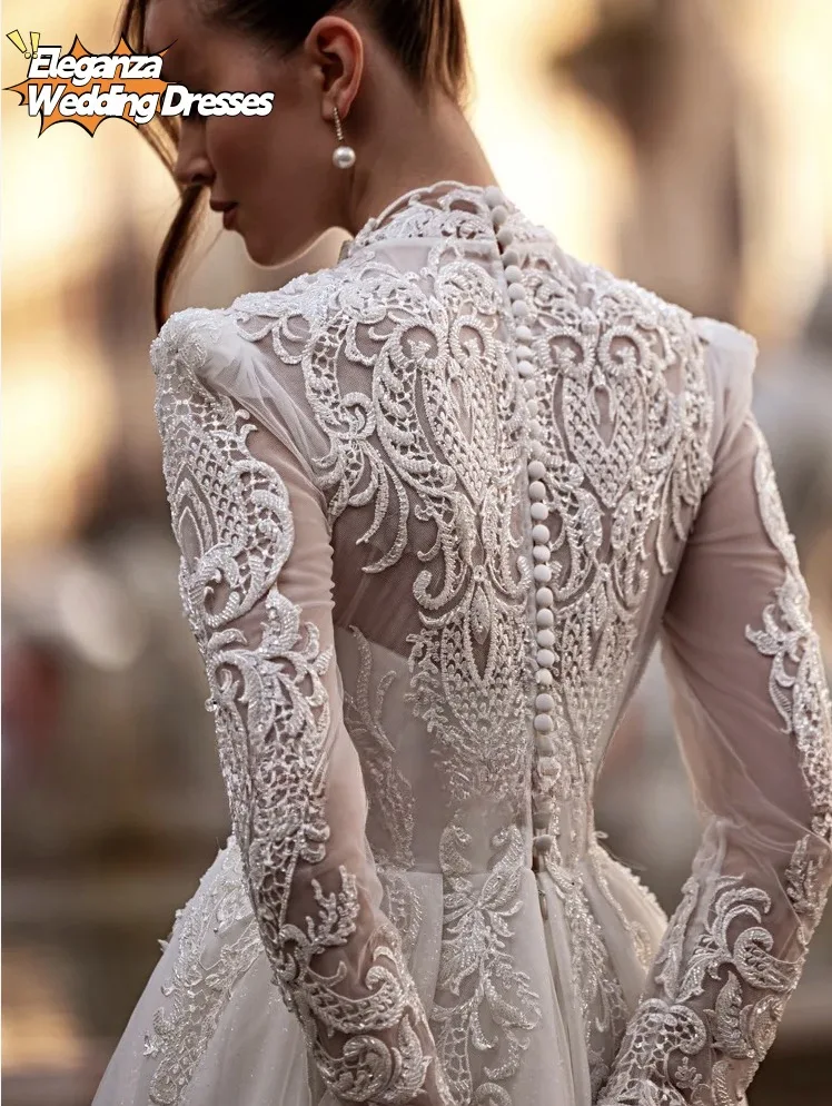 Customized Vintage High Neck Long Sleeve A-Line Wedding Dress Beading Appliques Floor Length Bridal Gown Boho Vestido De Novia