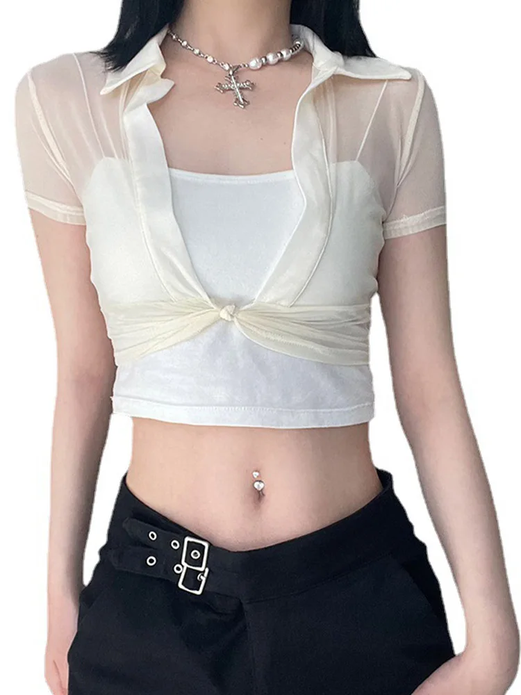 Transparent Mesh Crop Top Short Sleeve Split See Through T Shirt