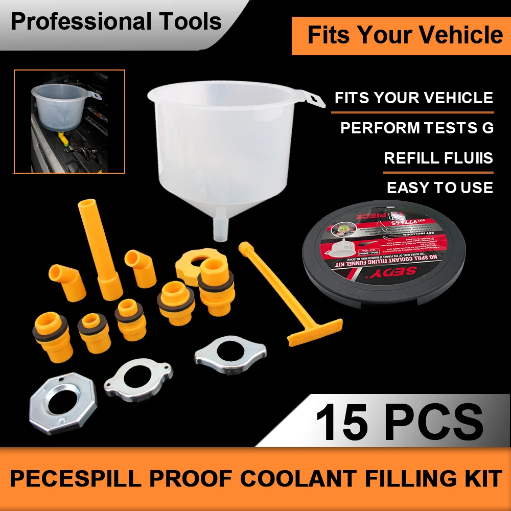 

Fit Universal Vehicles Plastic Filling Funnel Spout Spill Proof Coolant Filling Kit 15Pcs/Set