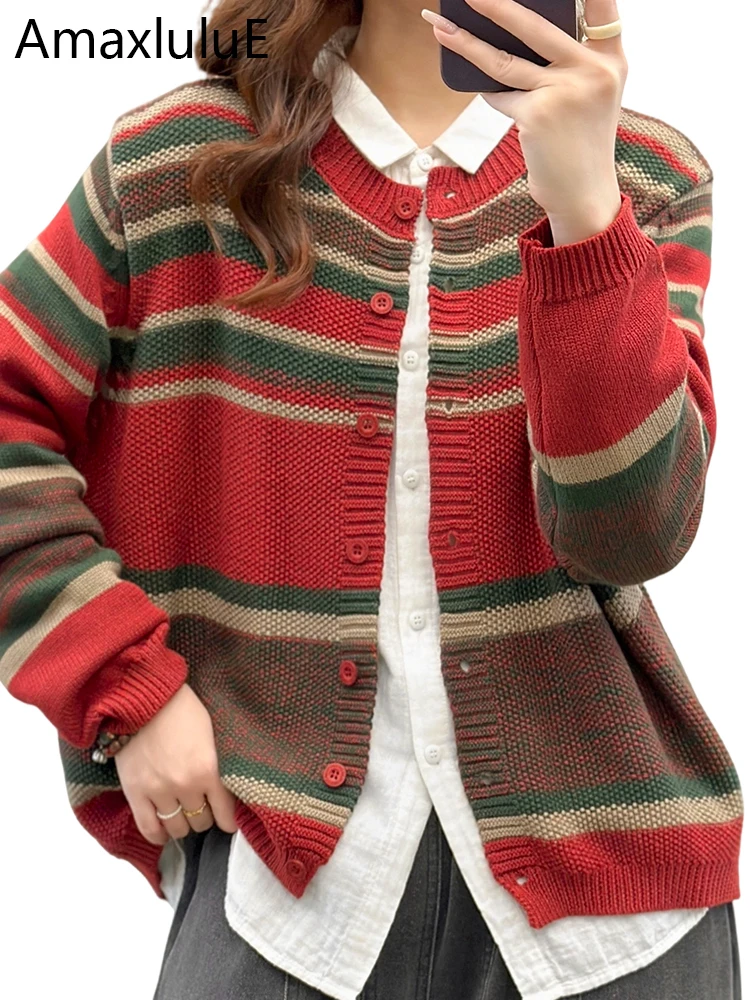 

Amax LuluE Korean Design Winter Womens Luxury Striped Cardigans Loose Warm O Neck Sweaters 2025 Ladies Casual Oversized Knitwear