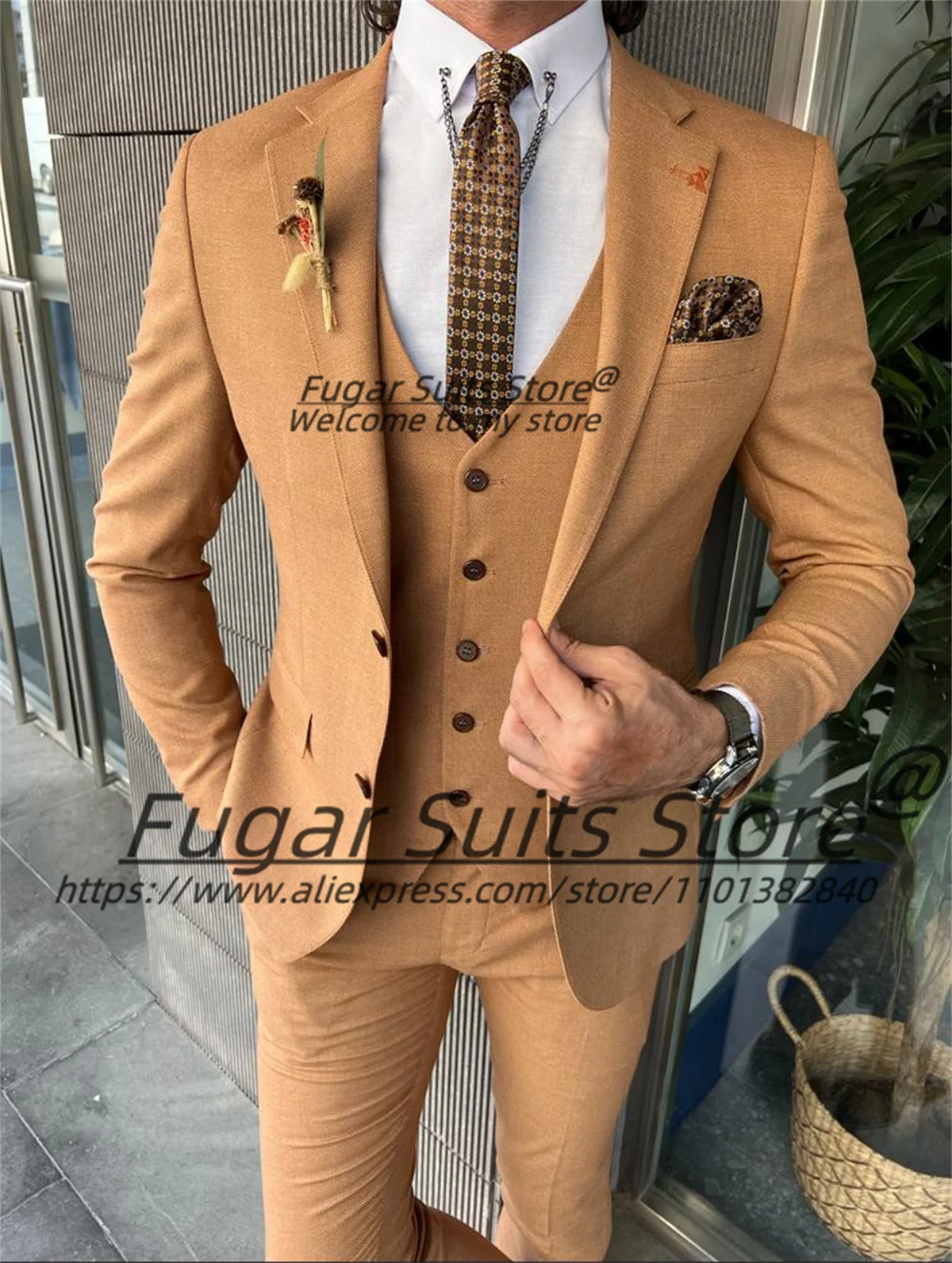 Fashion Orange Elegantg Wedding Suits For Men Slim Fit Notched Lapel Groom Tuxedos 3Pieces Sets Classic Male Blazers Ropa Hombre